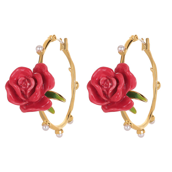 Handmade Enamel Rose Pearl Earrings