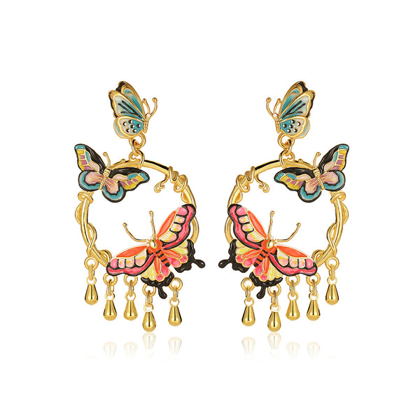 925 Sterling Silver Needle Enamel Butterfly Tassel Earrings