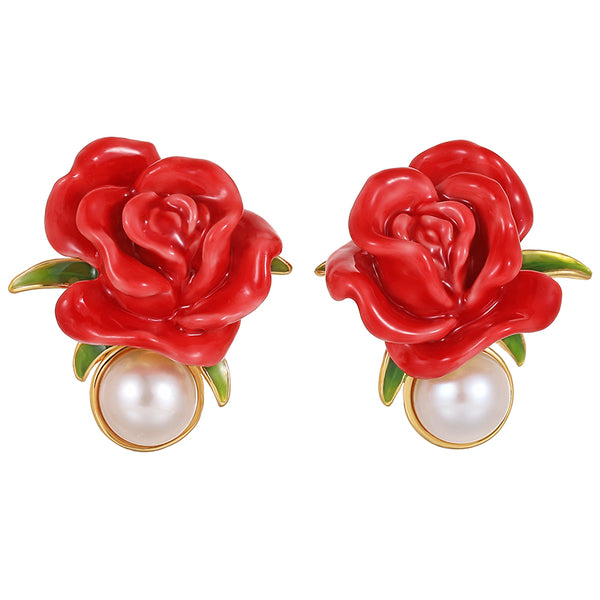 Enamel Red Rose Pearl Earrings