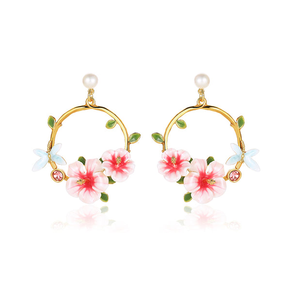 Pearl Hibiscus Floral Hoop & Dragonfly Dangle Earrings