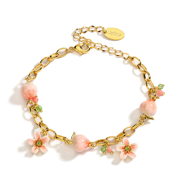 Handmade Peach and Flowers Adjustable Enamel Bracelet