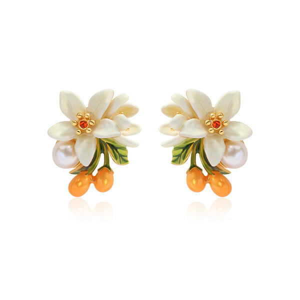 White Orange Blossom Pearl Stud Earrings