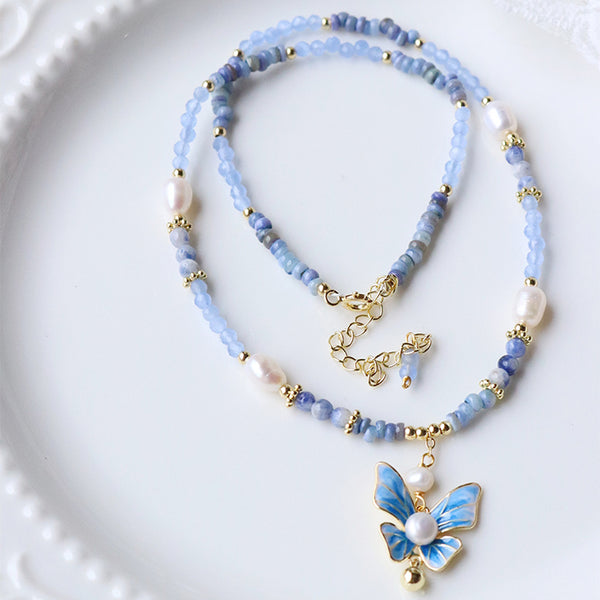 Handmade Bright Blue Butterfly Pendant Pearl Necklace