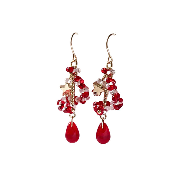 Original handmade Czech glass red earrings Christmas water drop star earrings